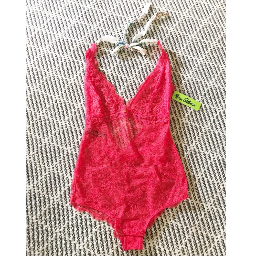 🆕 Sam Edelman | Hot Coral Lace Bodysuit Small 🌺